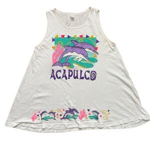 Vintage 80s 90s Acapulco Dolphins Tank Dress Tourist Souvenir Beach Cover Up XL